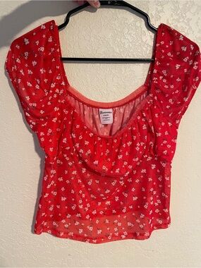 No Boundaries Red Floral Scoop Neck Puff Sleeve Top